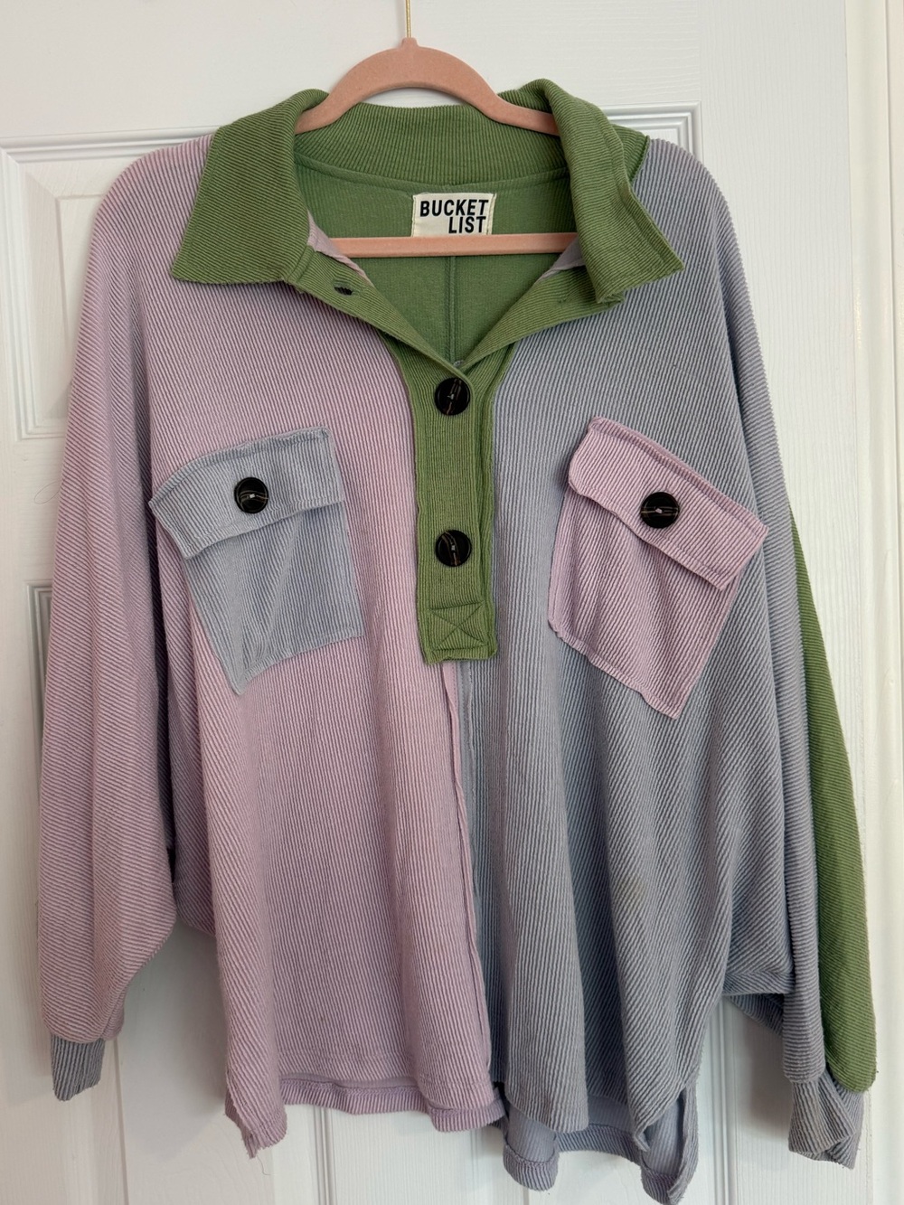 BUCKETLIST Oversized Sage Green Ribbed Collar Pullover